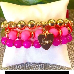 LILLY PULITZER PINK LOVE‎ HEART CHARM BRACELET TRIO STRETCH / BEADED NWT